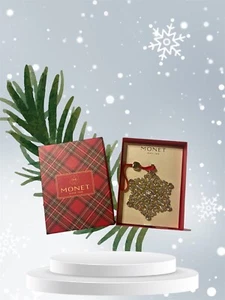 Monet Snowflake Christmas Ornament Pendant Jewelry Rhinestone White  Gold Tone - Picture 1 of 2