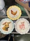Pioneer Woman Gingham 7" Appetizer Plates, Cow, Chicken, Pig  Set of 3.