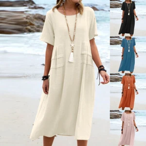 Womens Summer Baggy Midi Dress Ladies Casual Loose Kaftan Sundress Plus Size - Picture 1 of 18