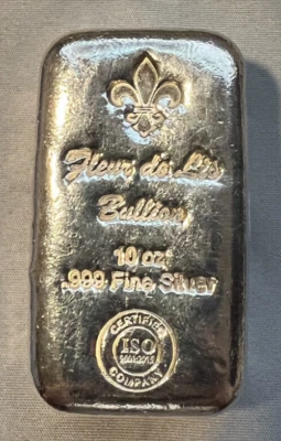 10 Oz  Fleur De Lis Bullion Silver Bar - .999 Fine Silver ISO 9001 - Image 1 of 4