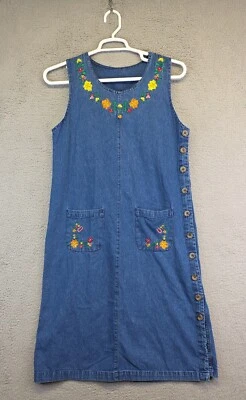 Vintage Argee Denim Dress Womens S Floral Embroidered Cottagecore Modest Granny - Image 1 of 4