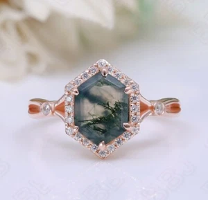 Anillo de compromiso de boda hexagonal de plata 925 enchapado en oro rosa de 14K musgo ágata - Imagen 1 de 7
