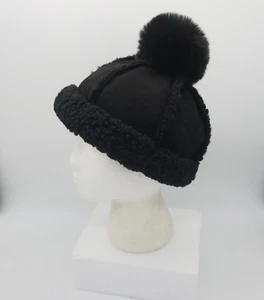 Black Sherpa Winter Beanie Hat Faux Suede Leather Pom Pom - Picture 1 of 8