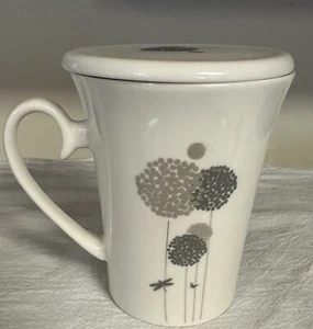 Teavana Ella Tea Mug Strainer &Lid Ivory Porcelain Silver Floral Dragonflys 10oz - Picture 1 of 5