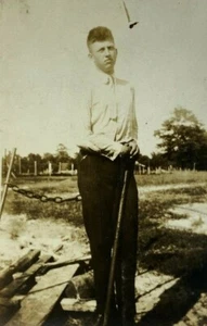 Man Standing By Wood On Farm B&W Photograph 2.75 x 4.5 - Picture 1 of 3