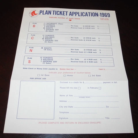 1969 Baseball Boston Red Sox Fenway Park Home Game Plan Ticket Application Form Cover
