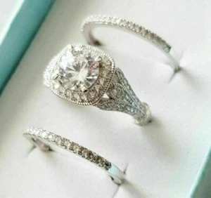 Juego de Anillo de Boda Trío de Boda Vintage Enchapado en Oro Blanco 14k 2,1 quilates Moissanita Redonda - Imagen 1 de 8