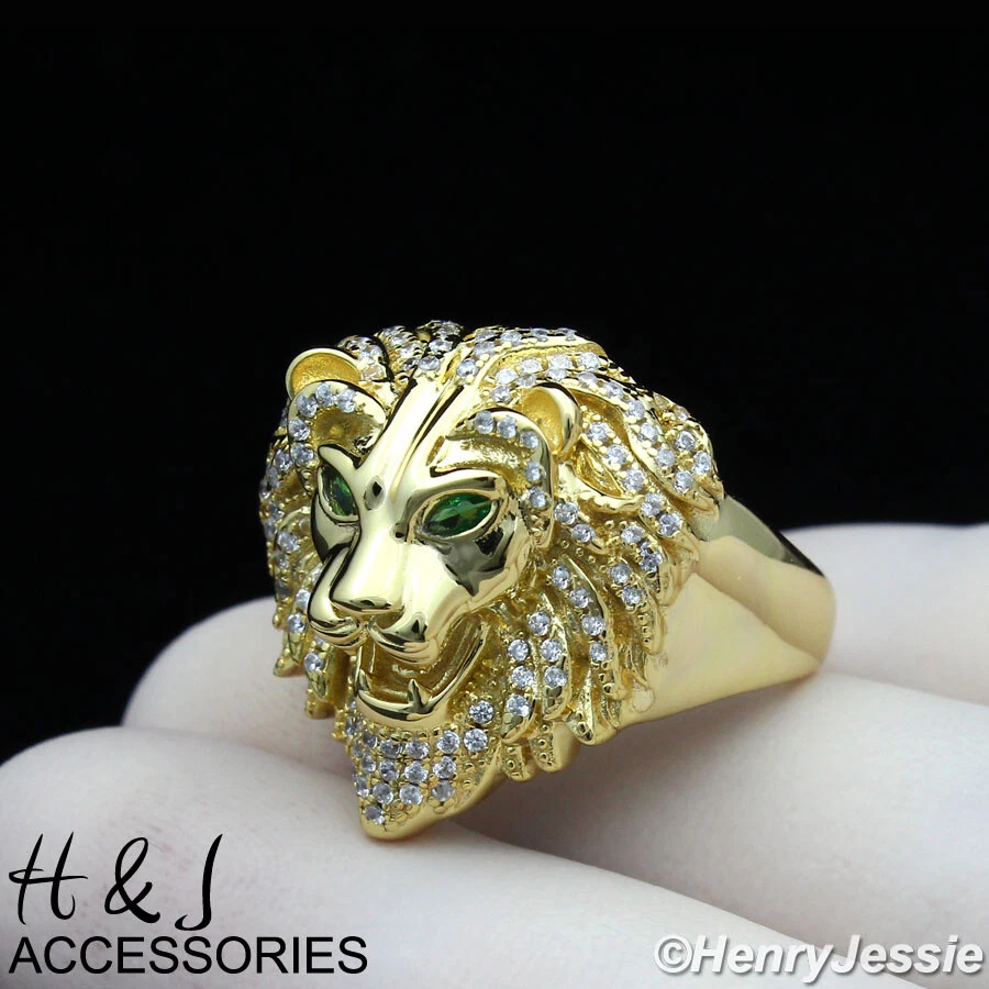 MEN 925 STERLING SILVER ICY CZ GOLD PLATED/SILVER 3D LION HEAD RING*ASR180 - Image 1 of 1