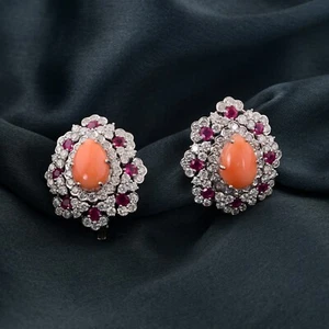 8.10 TCW Lab Grown CVD Diamond Ruby Coral Gemstone Earrings 18k White Solid Gold - Picture 1 of 10