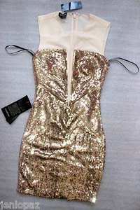 NWT Bebe Dress rose pink gold sequin mesh deep v neck cutout back top S small 4 - Picture 1 of 3