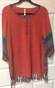 Maria Rerio Orange Boho Tunic Top Dress Fringe Tassels Large EUC! - Picture 1 of 10