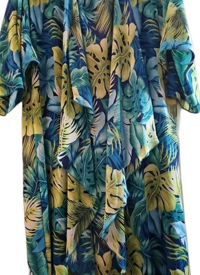 Kimono Drape Front Cover-up Hawaiian Tropical Leaf Blue Green Resort 105 - Image 1 of 4