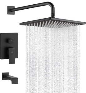 Matte Black Shower Faucet Set Bathroom High Pressure Square Rain Shower Head Tub - Picture 1 of 8