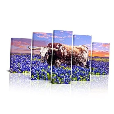  Arte de pared en lienzo Lonhorn Texas Bluebonnet campo pintura cuadros granja de Texas  Foto 1 de 4