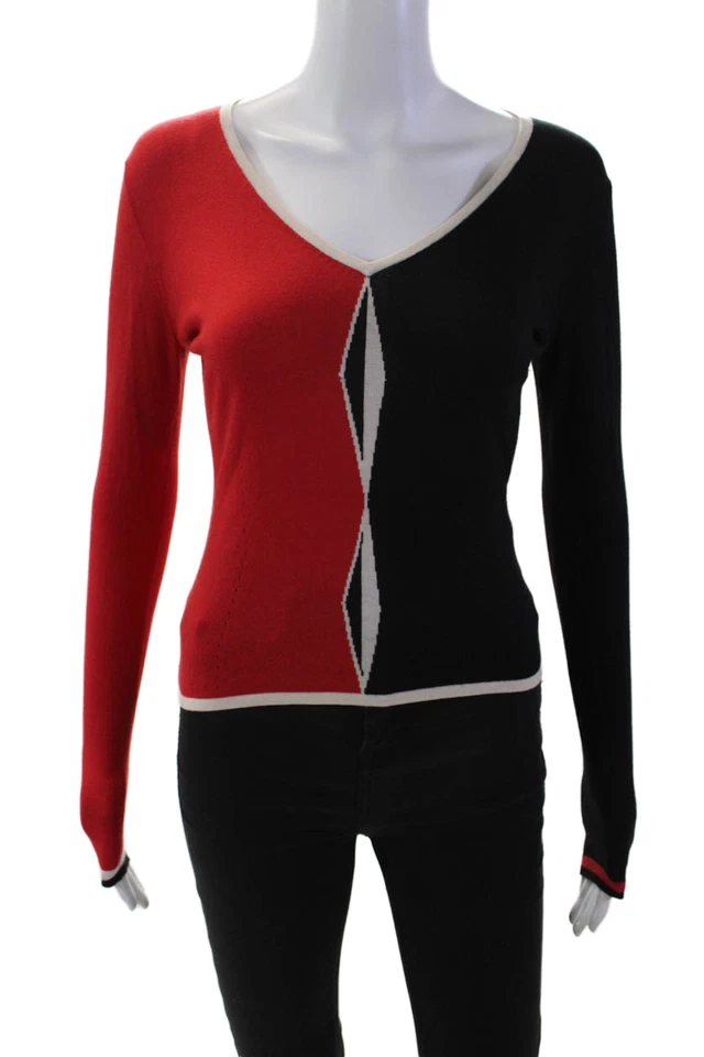Paul Smith Womens Color Block Long Sleeve V-Neck Pullover Sweater Red Size XS - Image 1 of 4