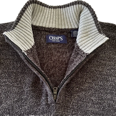 Chaps Pullover 1/4 Zip Sweater Mens M Cable Knit Gray Blue LS Classic Logo - Image 1 of 4