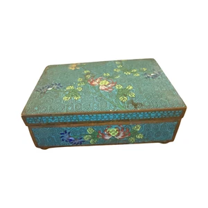Antique Chinese Cloisonne Enamel Box Turquoise Chrysanthemum Design c.1900 - Picture 1 of 5
