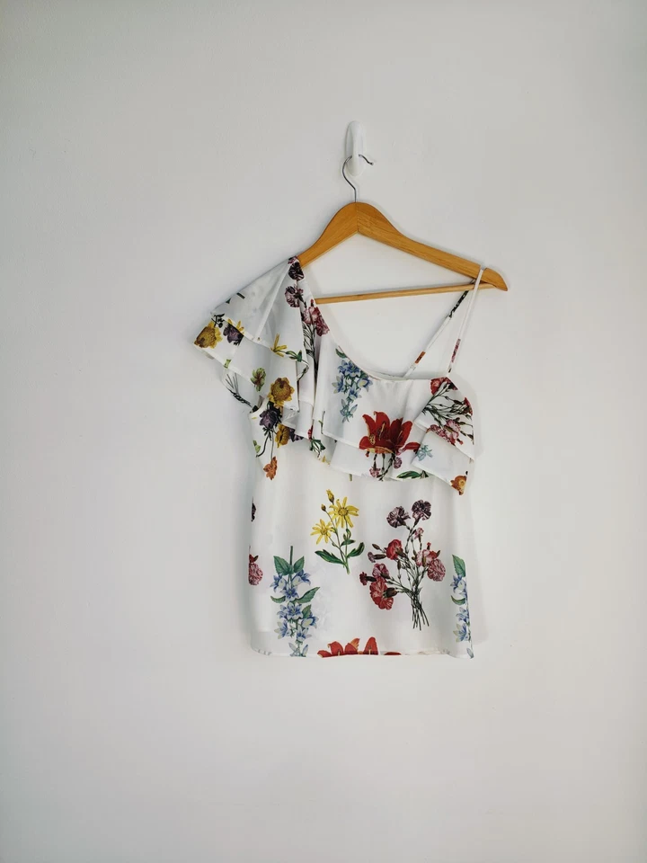 Selected Femme Size 10 Blouse One Shoulder White & Mixed Floral Print Summer  - Image 1 of 4