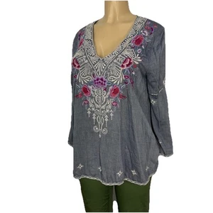 Johnny Was Gray Embroidered Bell Sleeve Tunic Shirt Womens Size S Casual Top - Picture 1 of 15