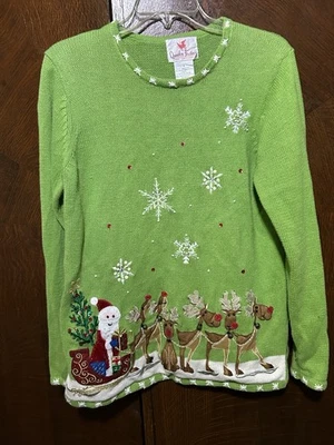 Suéter de Natal verde vintage Papai Noel renas quaker fábrica feminino tamanho pequeno - Imagem 1 de 4