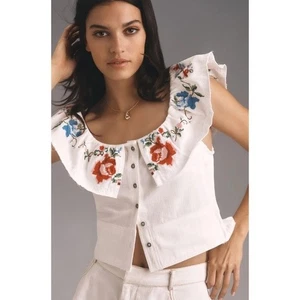 Neu mit Etikett Anthropologie Pilcro verziertes Blusentop mit Rüschenkragen Large bestickt - Bild 1 von 10