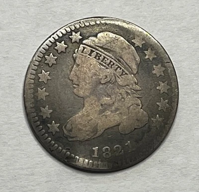 Монета номиналом 10 центов 1821 с изображением бюста и крышкой бывшая в обращении с указанием точной даты; W006 - Изображение 1 из 2