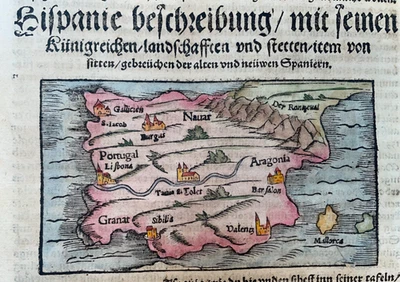 SPAIN PORTUGAL 1564 COSMOGRAPHY OF MUNSTER ANTIQUE MAP 16TH CENTURY - Image 1 of 3