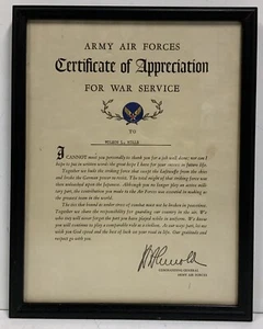 Army Air Forces Certificate Of Appreciation For War Service Framed with Glass - Picture 1 of 9
