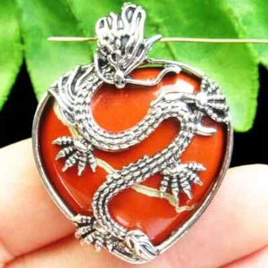 42x32x9mm Dragon Wrapped Red Jasper Heart Pendant Bead & Sterling Silver Chain - Picture 1 of 2