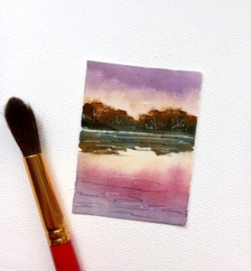 aceo original art paintings Pink Sunset on the River ATC ORIGINAL watercolor - Picture 1 of 9