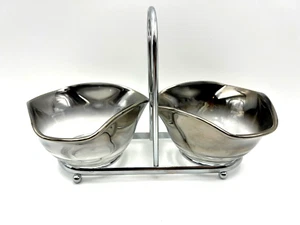 Vintage Vitreon Queen's Lusterware Silver Ombre Fade 2 Bowl Snack Set with Caddy - Picture 1 of 13