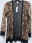 Chicos Cardigan Womens 0 Us Knit W/ Chiffon Animal Print Black Open Front Trim