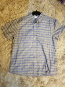 Rowm Texture Grey/ Blue -Short sleeves buttoned down Men shirt- Large - Picture 1 of 3