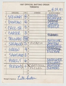 8-29-97 Toronto Blue Jays - Game Used Lineup Card - Joe Carter & Shawn Green - Picture 1 of 2