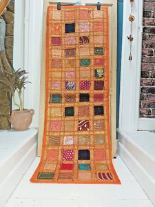 HANDMADE PATCHWORK SARI WALL HANGING - MULTI TONES 150cm x 52cm - Picture 1 of 13