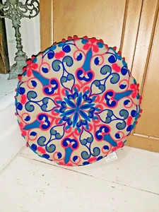 INDIAN HANDMADE COTTON FLOOR CUSHION WITH EMBROIDERY & POM POMS - Picture 1 of 12