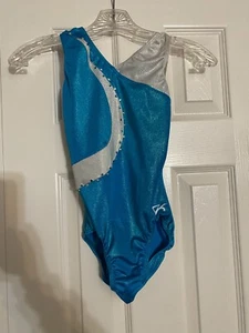GK Elite Gymnastics Leotard Adult Medium Pre-owned AM Turquoise White Shiny - Picture 1 of 4