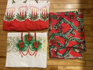 VINTAGE LOT 3 CHRISTMAS TABLECLOTHS CANDLES HOLLY BERRIES MISTLETOE CANDLE CANES - Picture 1 of 22