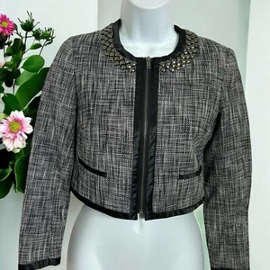 Chaqueta corta negra H&M talla 2 cuello con cuentas tweed cremallera completa manga larga capas top - Imagen 1 de 8