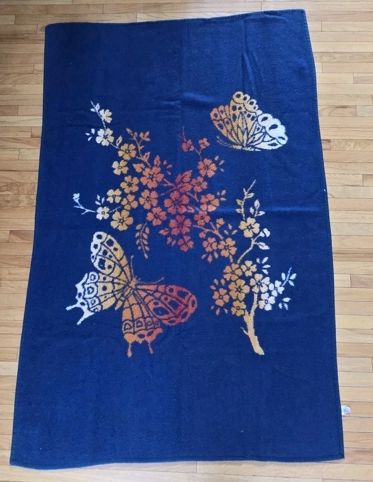 Tac Vintage Acrylic Blanket Butterflies Flowers Stripes Reversible MCM Look READ - Image 1 of 4