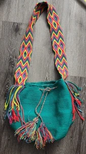 Authentic Colombian Wayuu Mochilla Bag - Handmade in Colombia - Teal Multi Neon - Picture 1 of 6