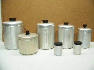VTG MCM Aluminum Ware Flour Sugar Coffee Tea Grease S/P Canisters (Set of 7) - Picture 1 of 6