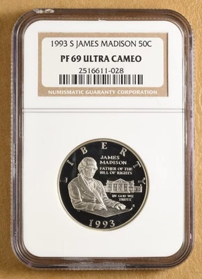 1993 Proof James Madison Commemorative Silver Half Dollar NGC PF 69 Ultra Cameo - Image 1 of 2