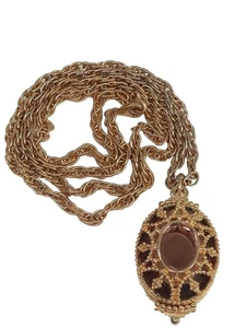 Large Gold Toned Oval Pendant Bold Statement Necklace Long Chain - Picture 1 of 10