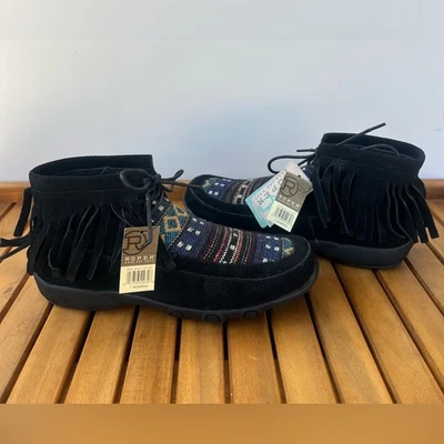 Zapatos de cuero Roper Moc negros Santa Fe mocasín flecos azteca alto occidental talla 7 Foto 1 de 4
