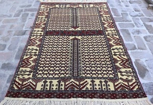 4'1x5'5 ft Vintage Afghan Handmade Beige Parda design Rug- Soft Pile Antique Rug - Picture 1 of 15