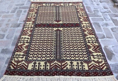 Alfombra antigua vintage afgana hecha a mano beige diseño Parda 4'1x5'5 pies - pila suave Foto 1 de 4