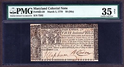 US $8 (36s) Maryland Colonial Currency 03/01/1770 FR MD-59 PMG VF Net (-502) - Image 1 of 2