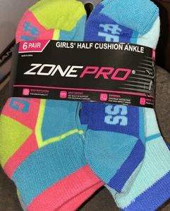 Zone Pro Girls Half Cushion Ankle Socks 6 Pk. M 10.5-4 - Picture 1 of 2