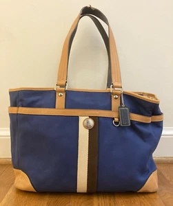 COACH diaper bag, tote bag, navy tan brown fabric and tan leather - Picture 1 of 9